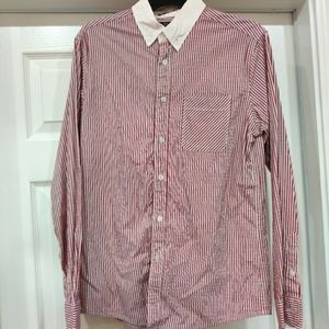 Red White Striped Button Down Long Sleeve Casual Shirt Contrast White Collar